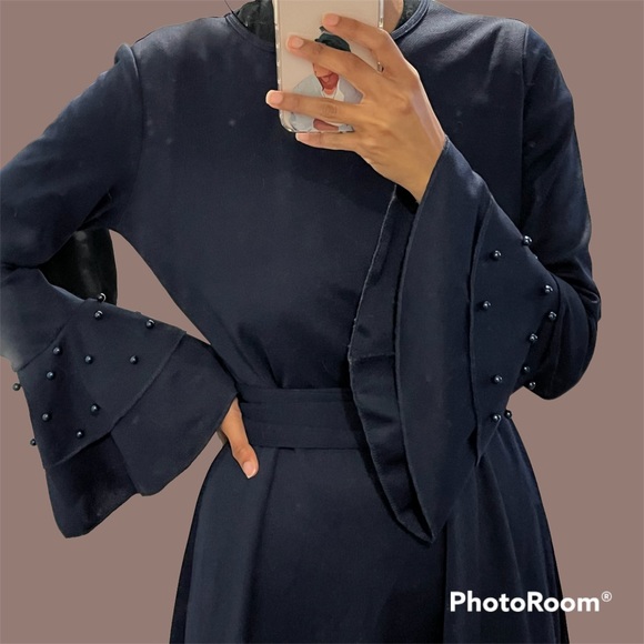 MIDNIGHT BLUE MAXI DRESS with Pearl work, bell sleeves and belt 🌌 - Picture 2 of 4